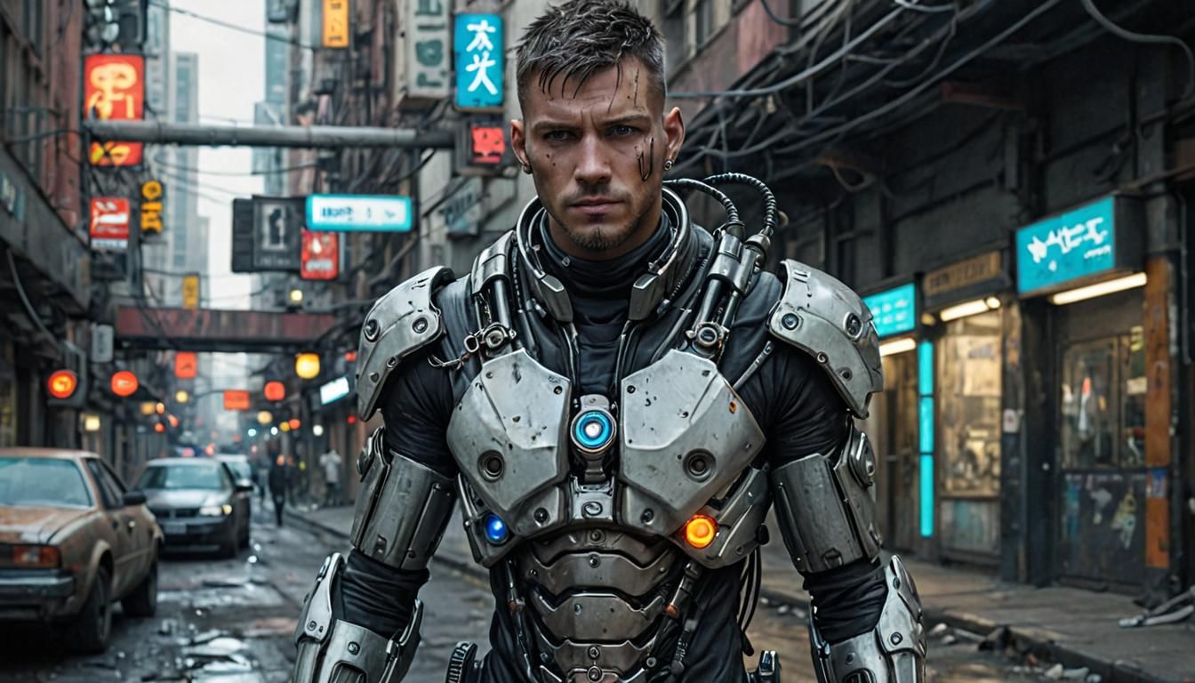 Futuristic Man in Dystopia: Hyperrealistic Biopunk Scene