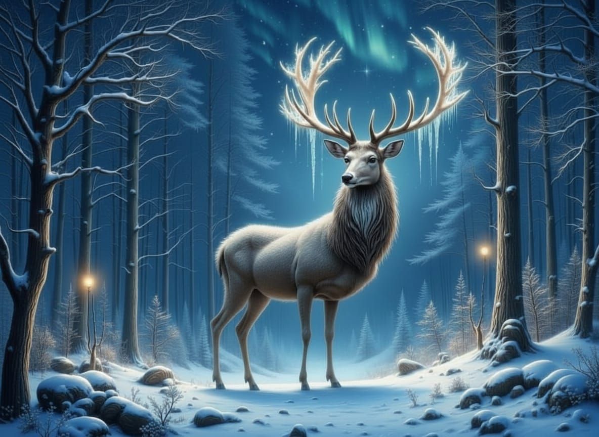 Enchanted Icicle Stag in Winter Forest