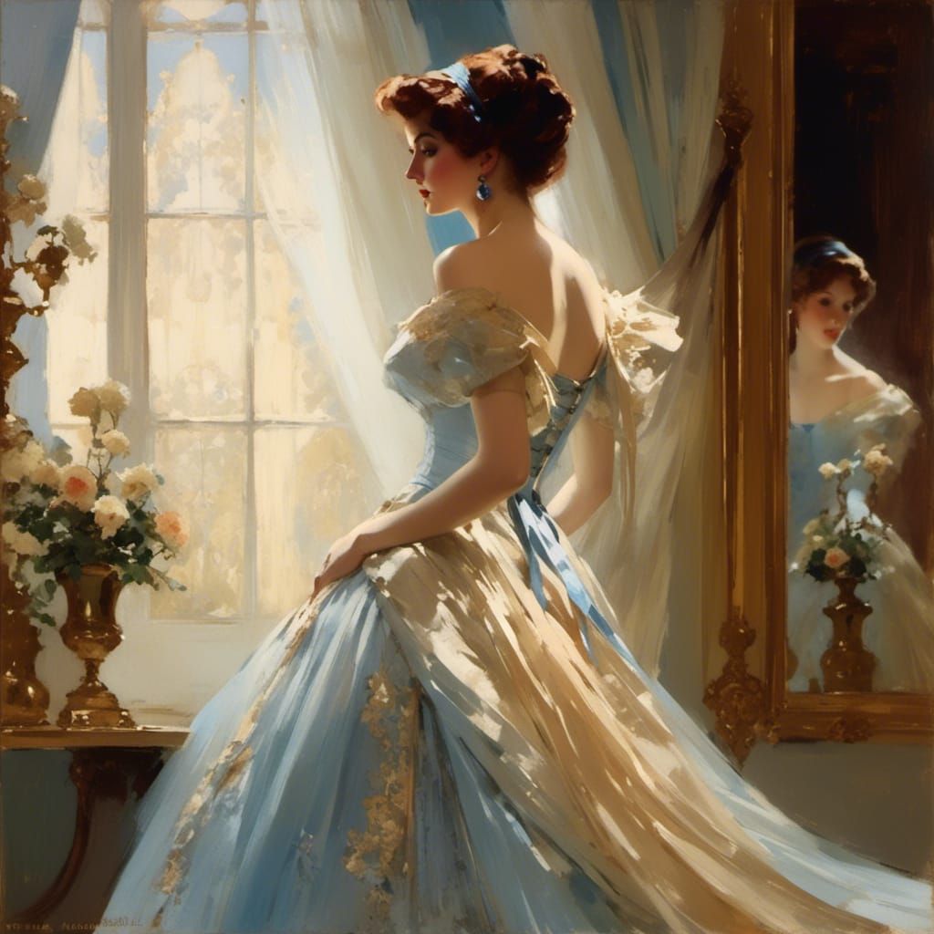 Woman in Blue Regency Dress, Victorian Art Style