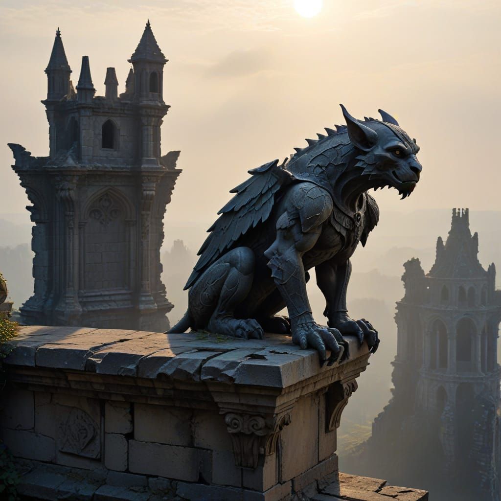 Gothic Gargoyle on Ruin in Dark Fantasy Style