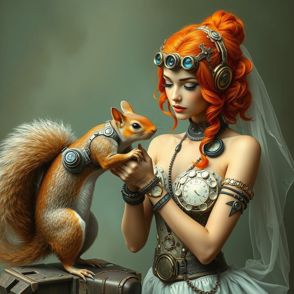 Steampunk Bride Inspects Robot Squirrel
