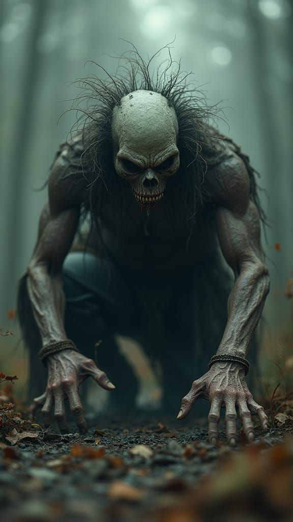 Nightmarish Figure Crouching in Hyper-Realistic Cinematic St...
