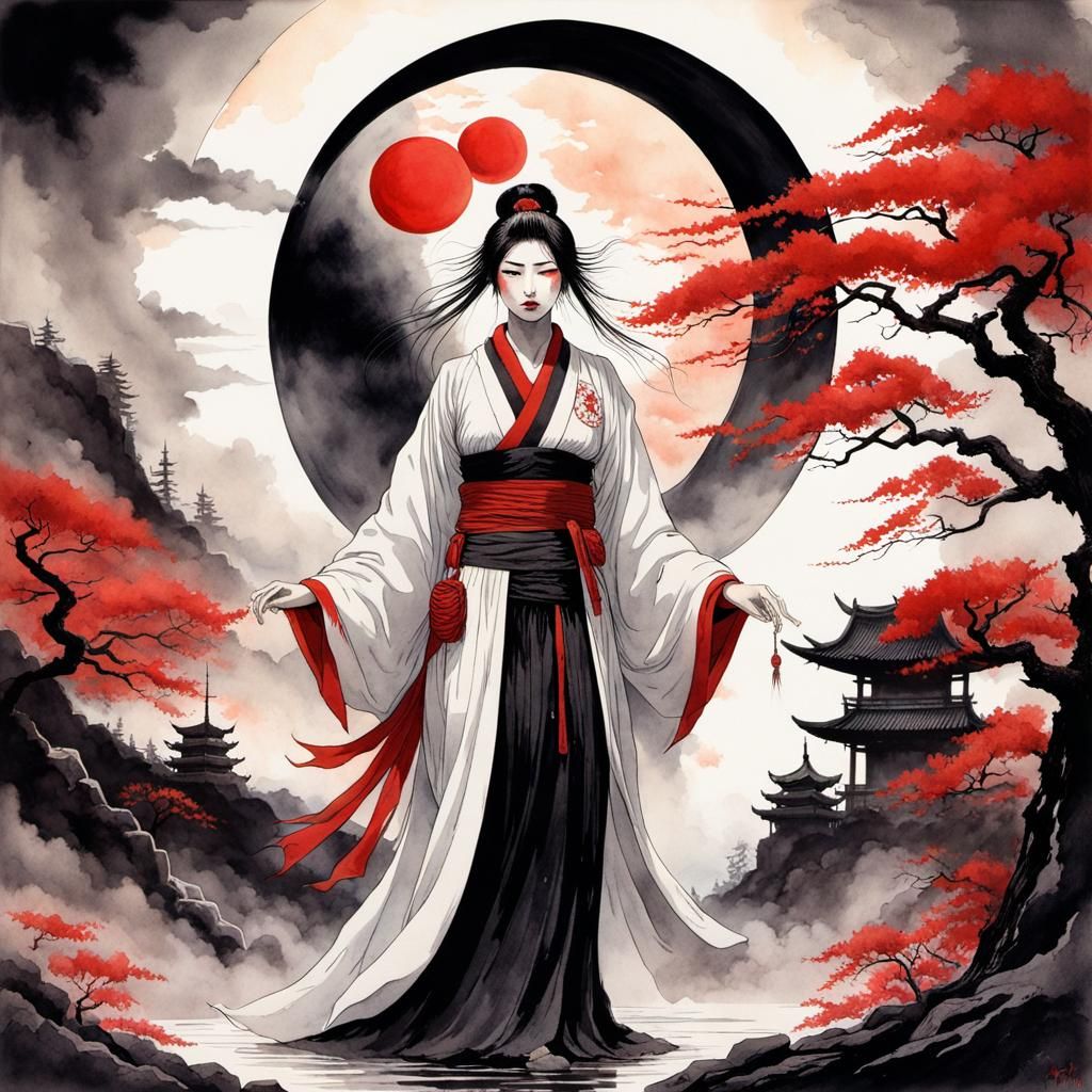 Watercolor Splash Art of a Yōkai Woman