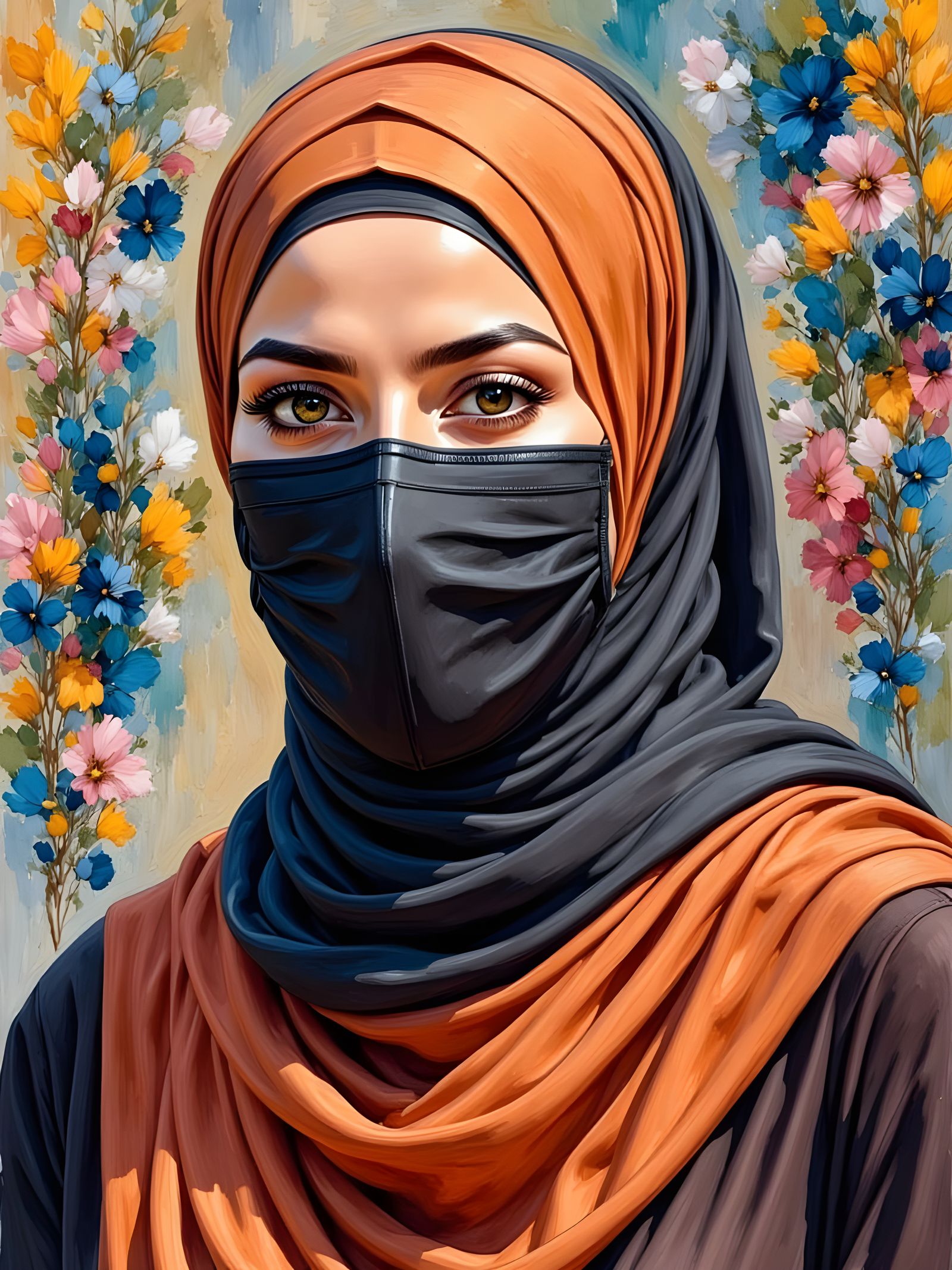 Portrait of Woman with Hijab in Oil Painting Style