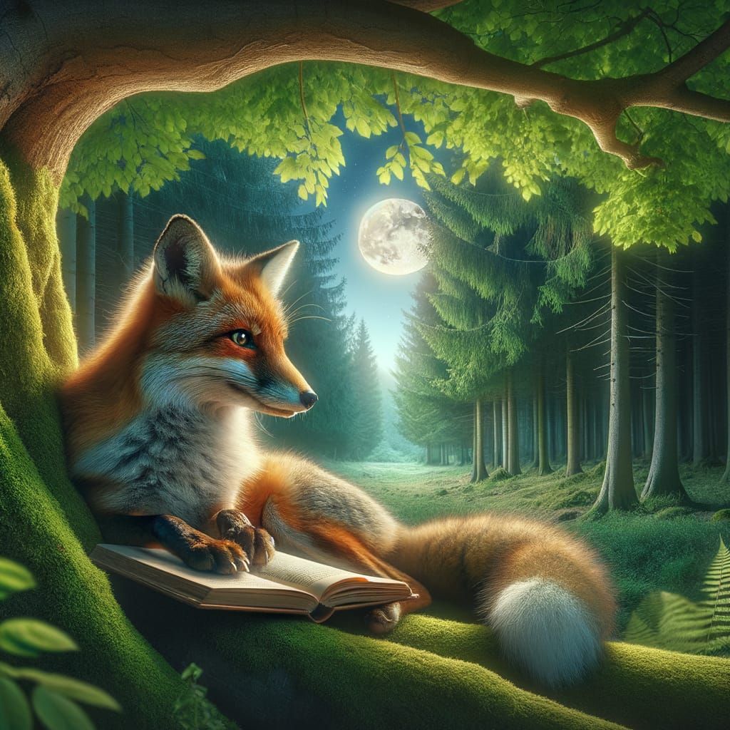 Fox Reading Book Under Moonlit Tree