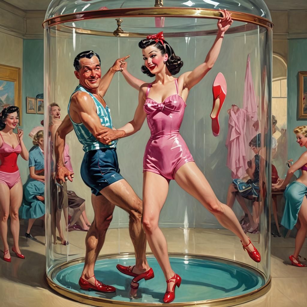Retro Pin-Up Woman in Glass Cylinder