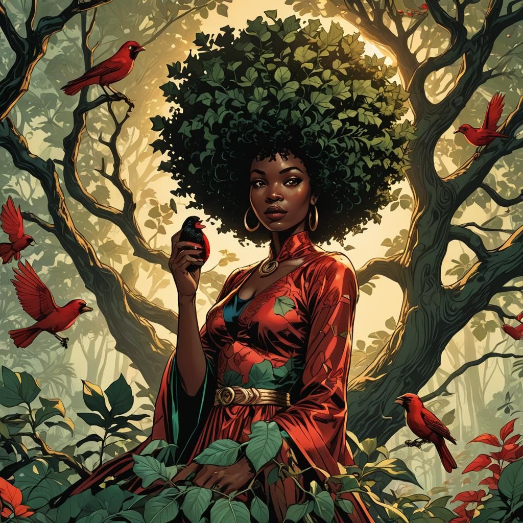 Black Woman Tree with Red Bird in Comic Art
