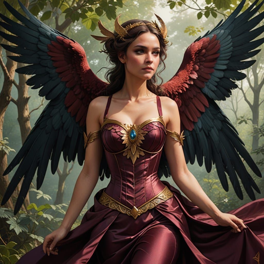 Mythological Harpy with Burgundy Bustier, Wings Outstretched