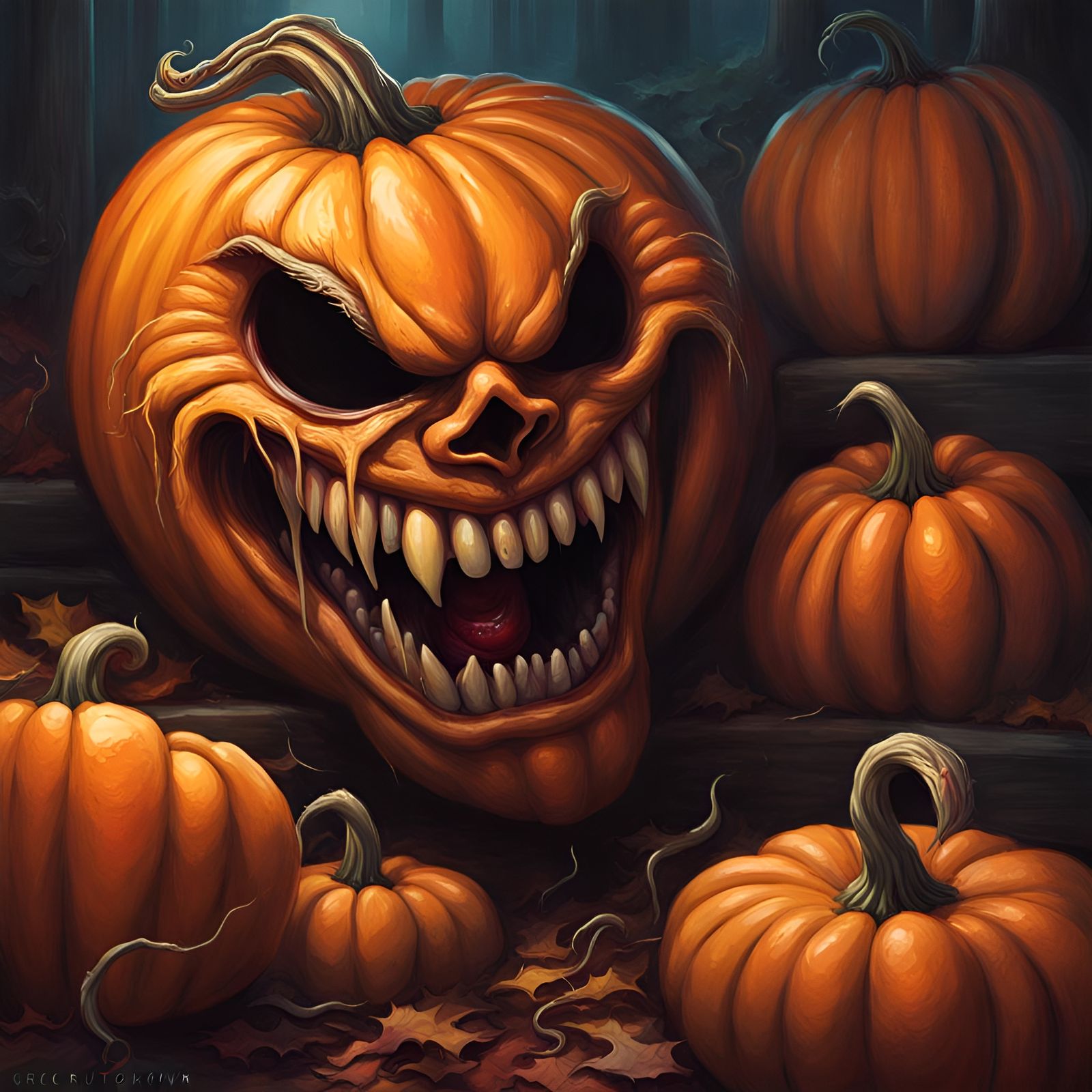 Scary Pumpkin with Sinister Face, Hyperrealistic Illustratio...