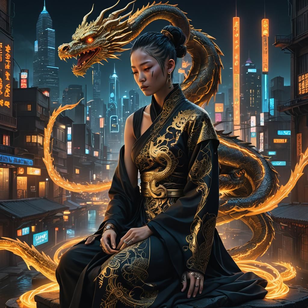 Cyberpunk Monk Meditating in Neon Cityscape