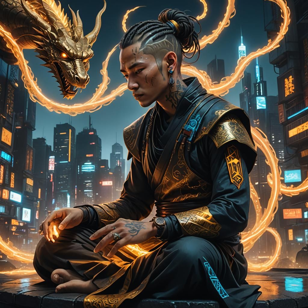 Cyberpunk Monk Meditation in Neon Cityscape