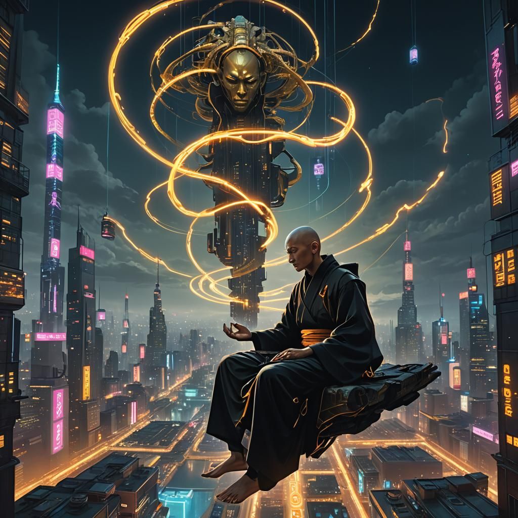 Cyberpunk Monk Meditating in Neon Cityscape