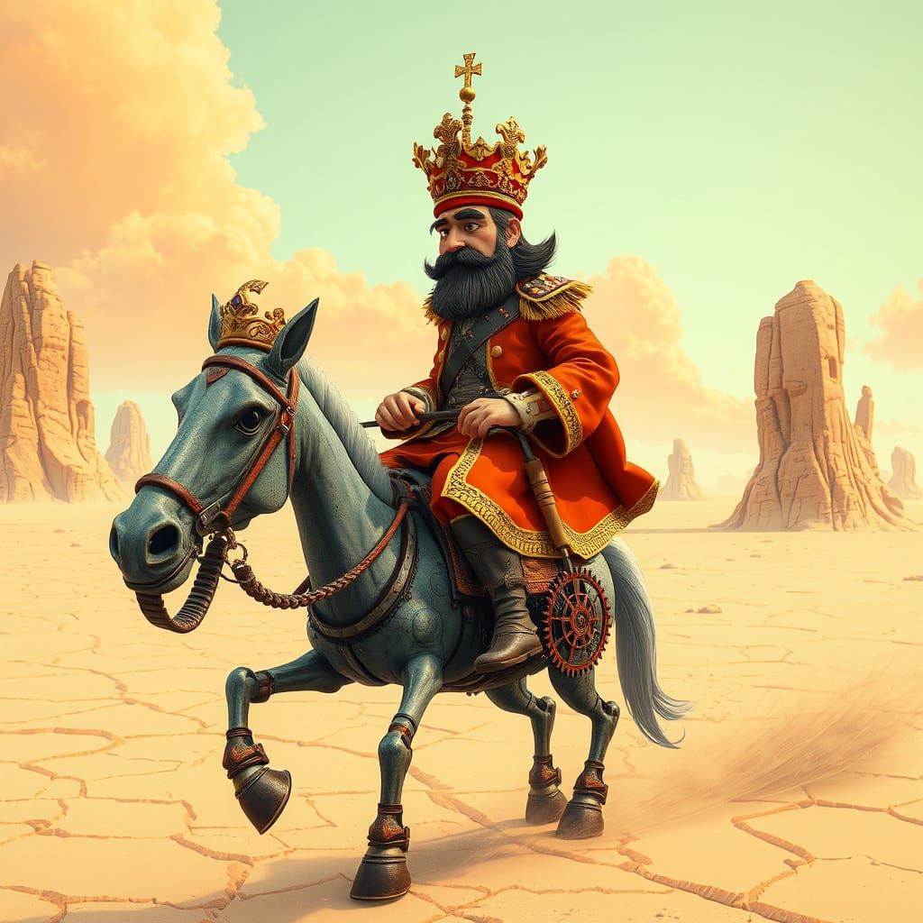 Captain's Grandiose Ride Across a Surreal Desert Landscape