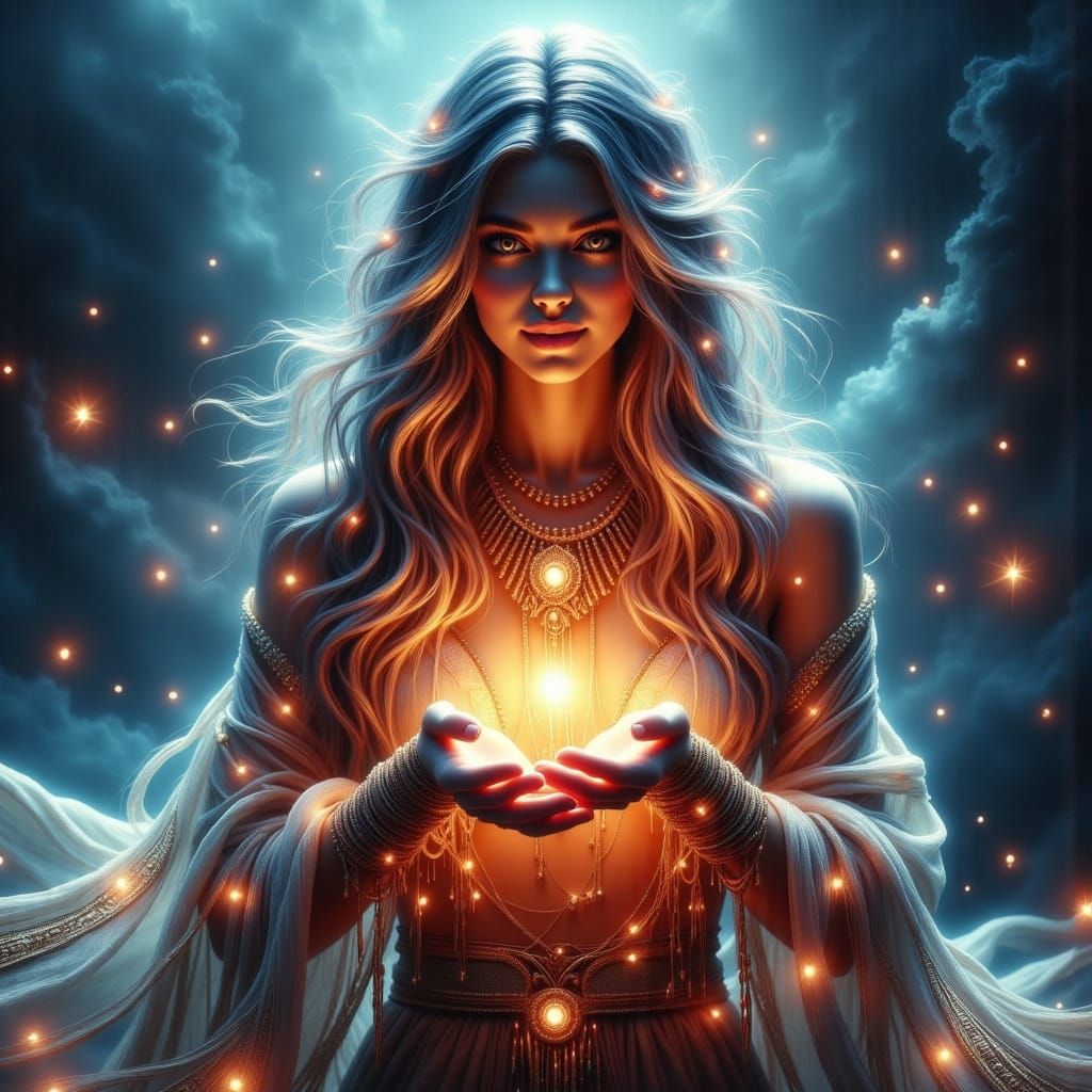 Mystical Priestess Casts Vibrant Red Light Spell