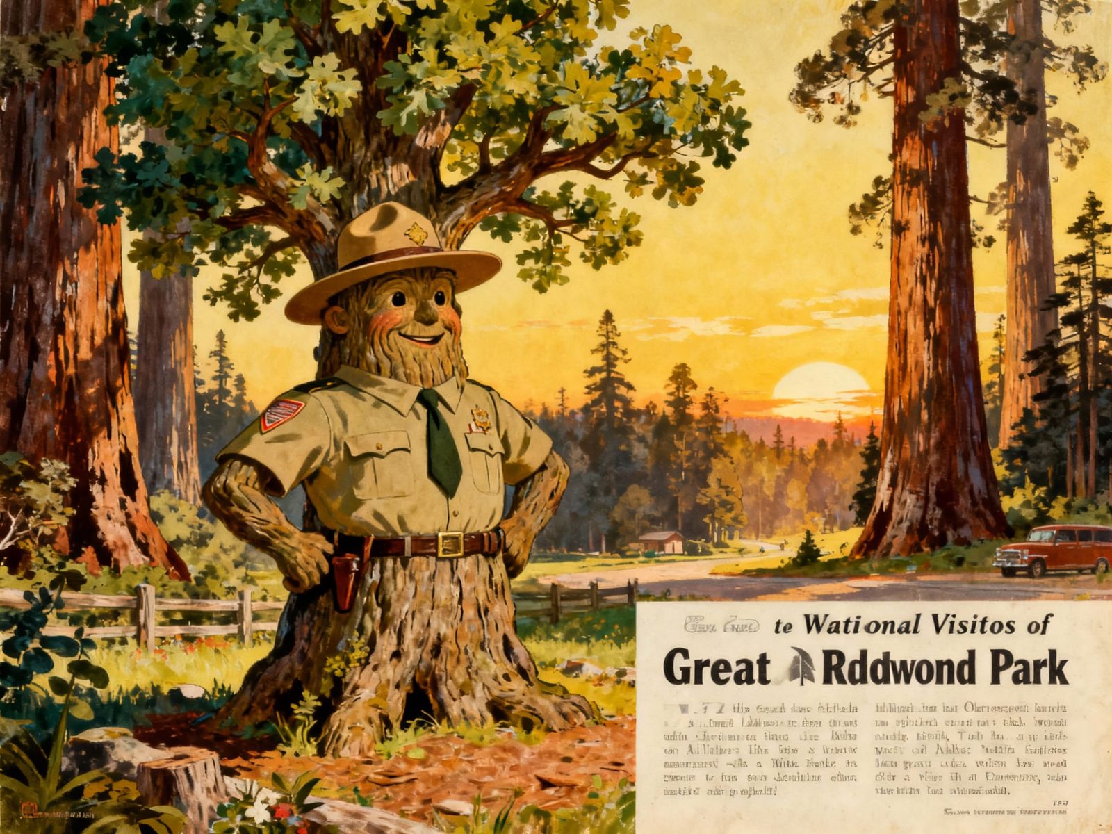 1950s Park Ranger Tree Ad, Vintage Illustration Style