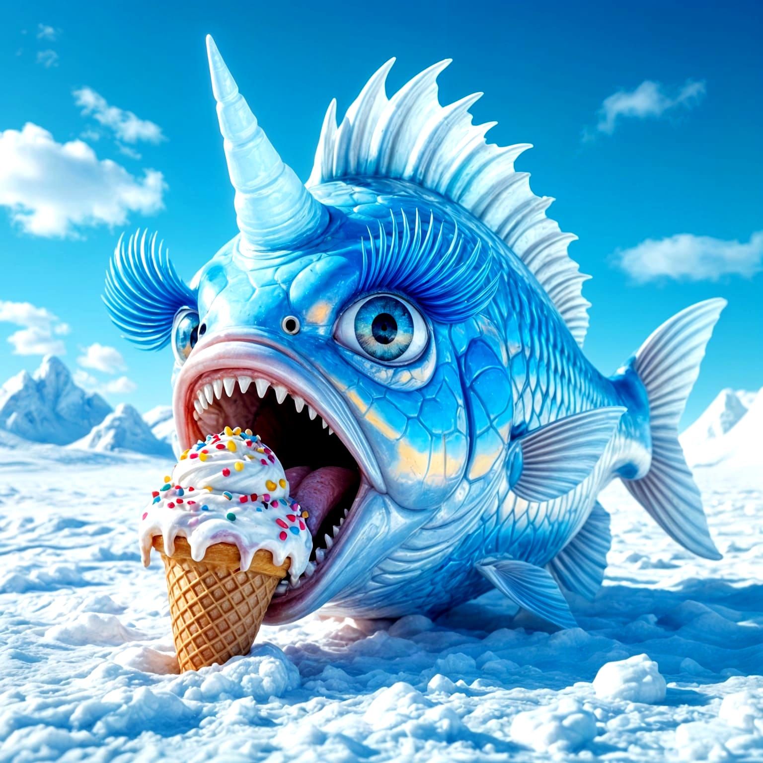 Surreal Fish Head Enjoys Ice Cream in Frozen Desert