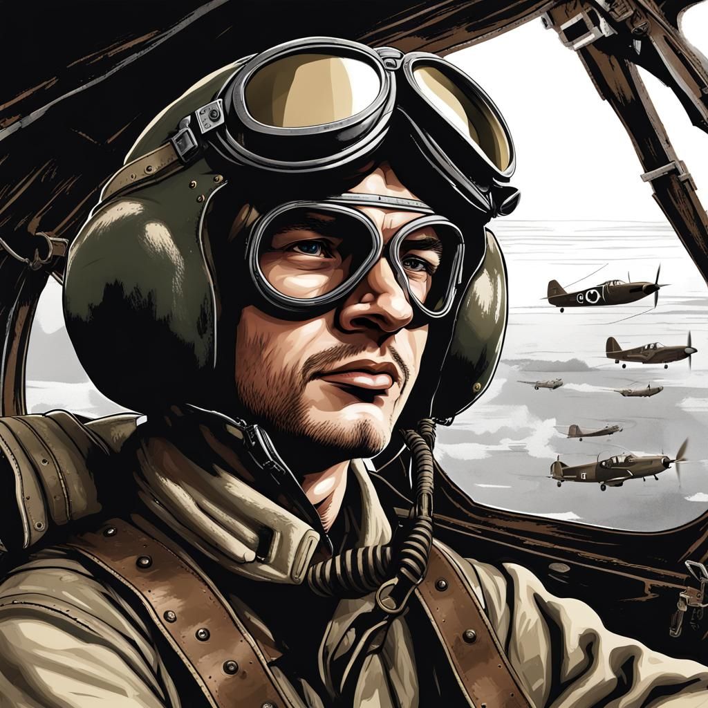WW2 Fighter Pilot in Cockpit Digital Illustration