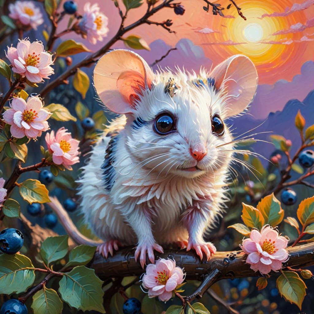 Mouse on Blueberry Branch in Impressionist Oil Painting