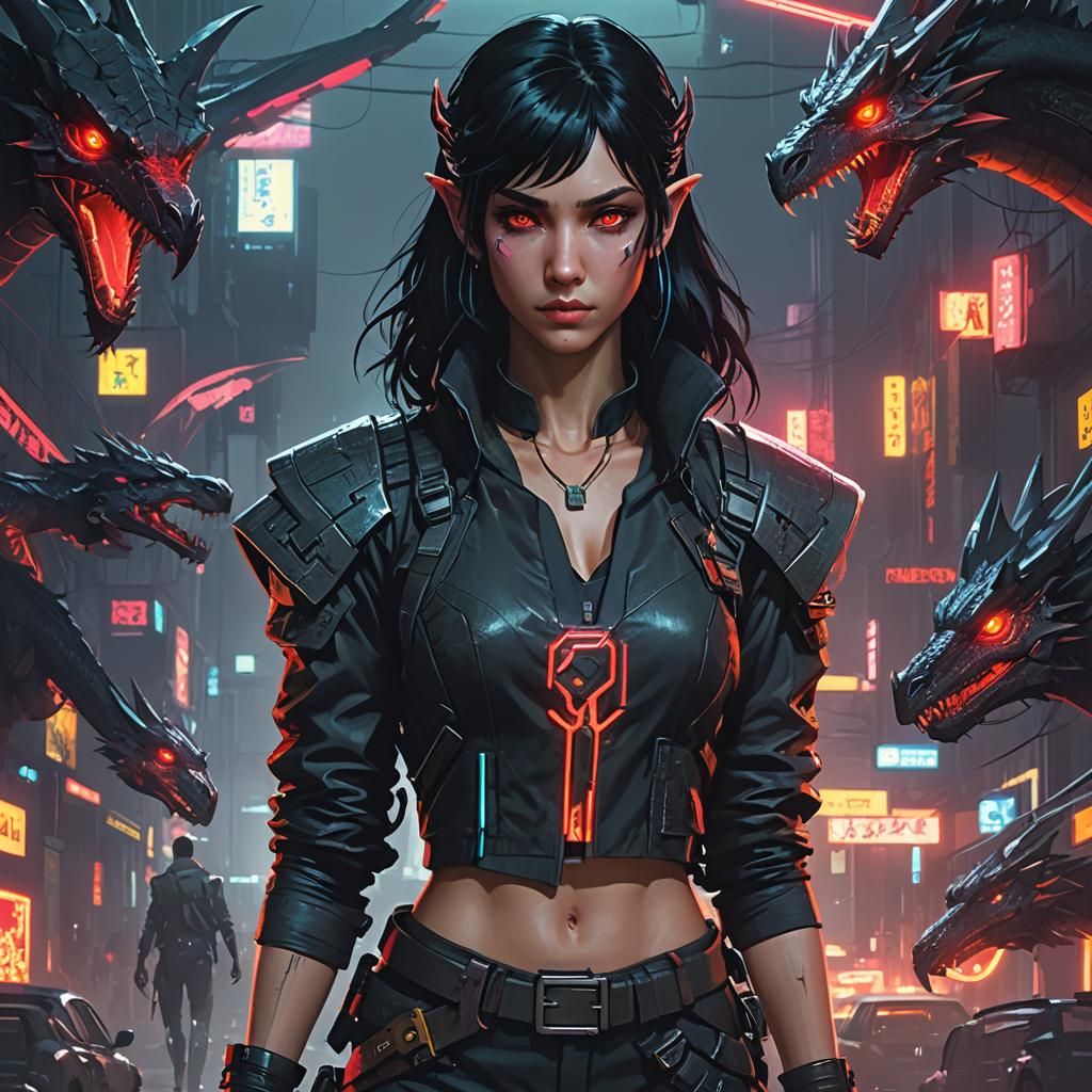 Cyberpunk Elf and Dragon Neon Portrait