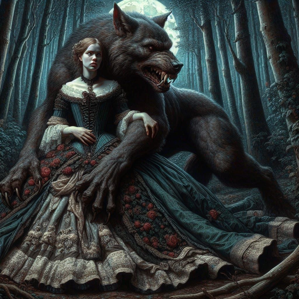 Victorian Woman Embracing Werewolf in Gothic Forest