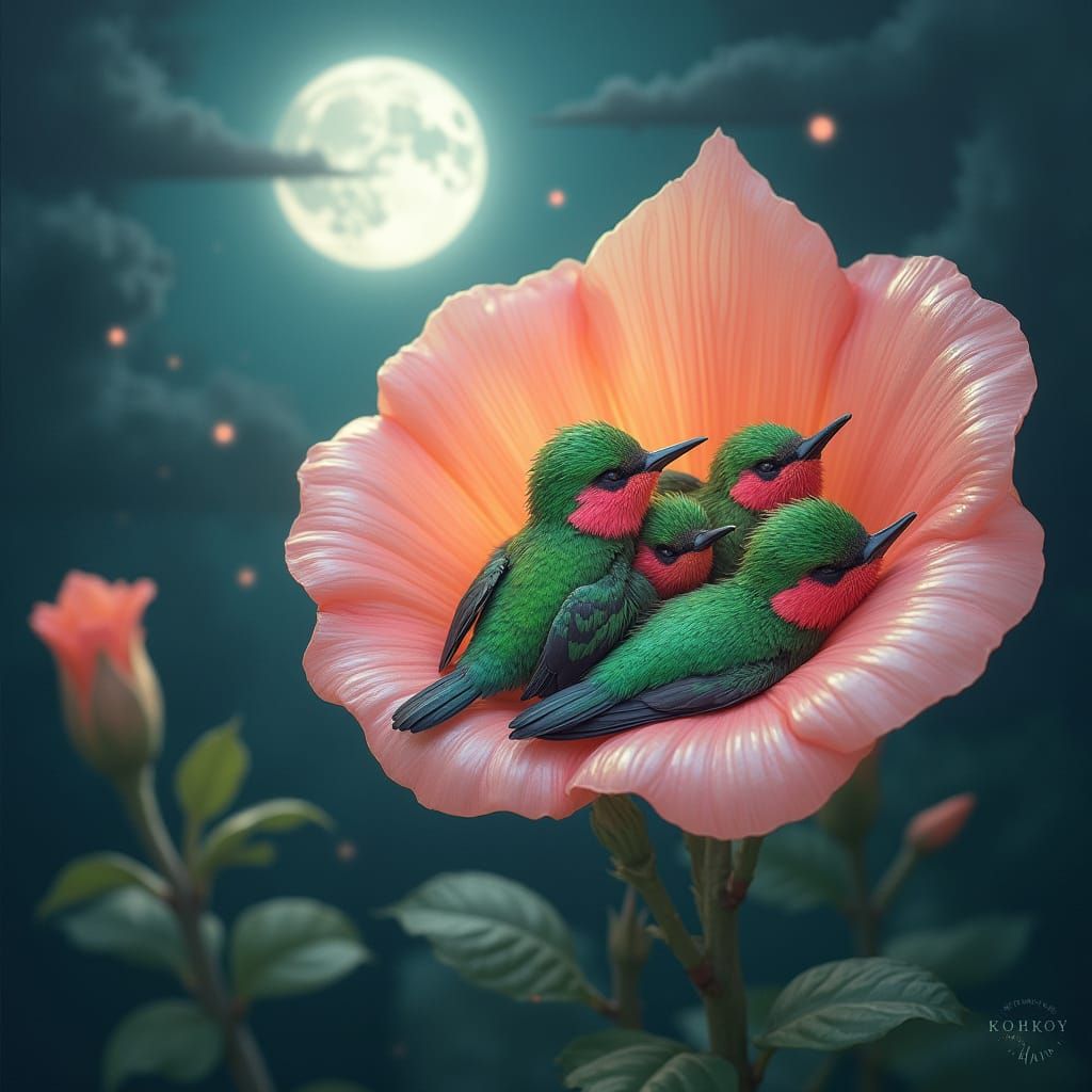 Hummingbird Family Asleep in Giant Trumpet Flower