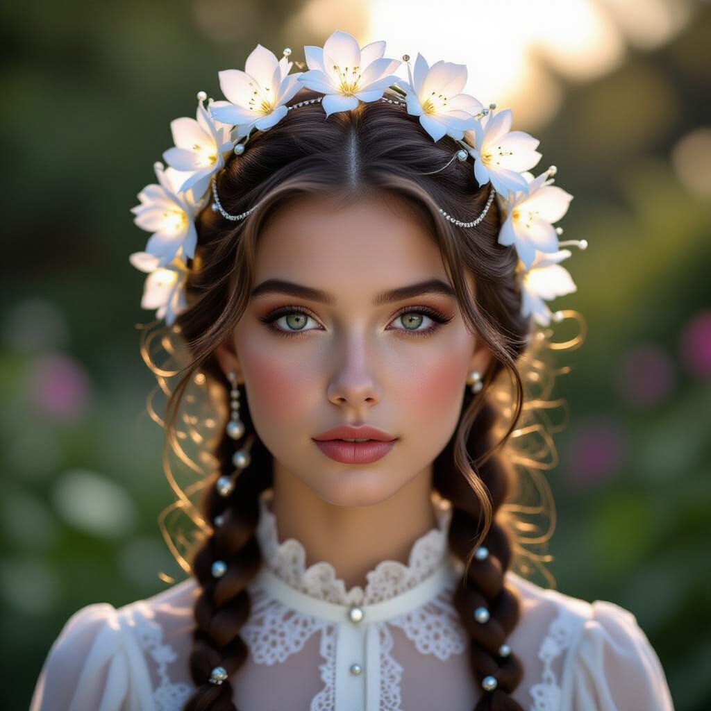 Ethereal Portrait of Woman with Braided Floral Hair