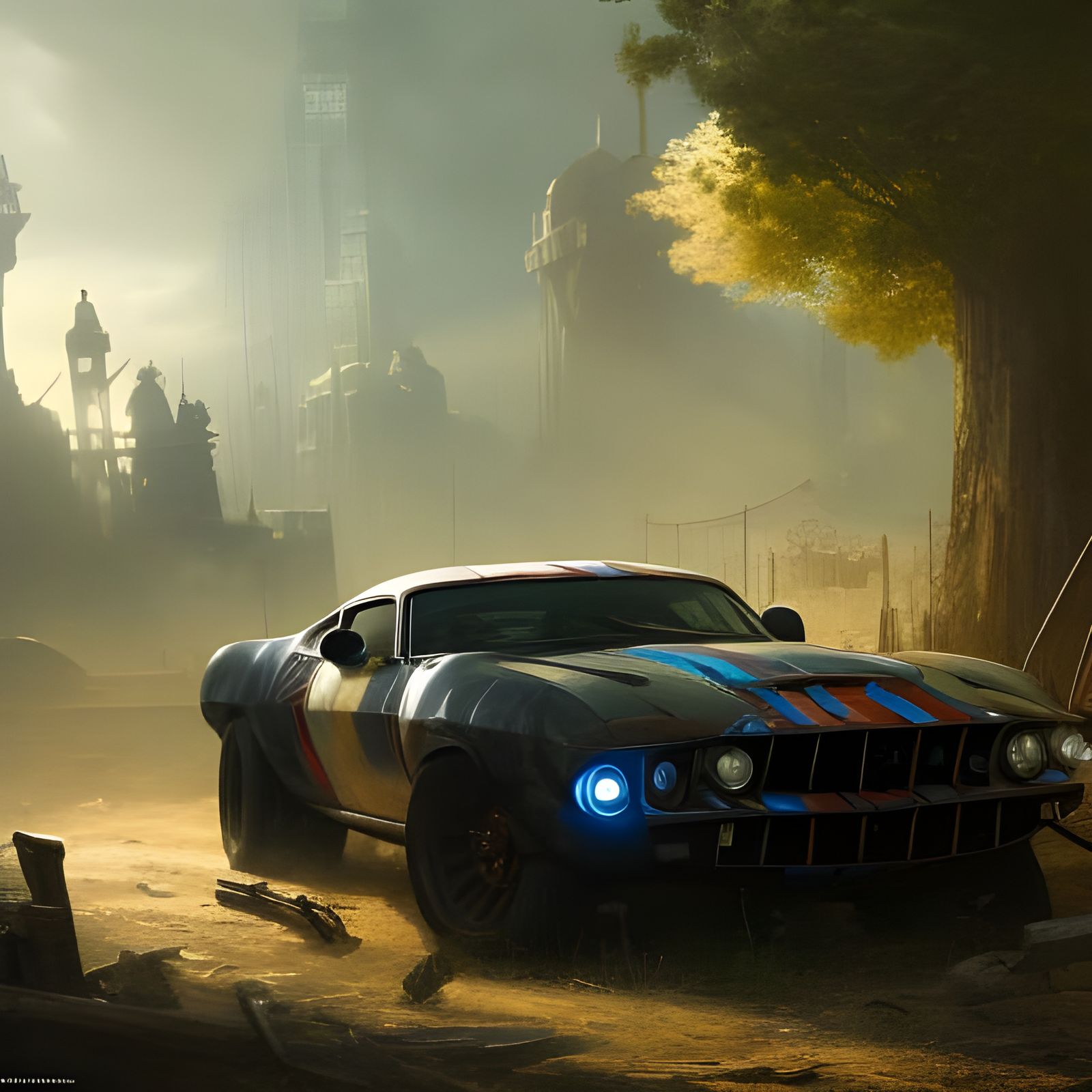 A 60’s Mustang, survived the sands of time, set in a futuristic apocalyptic Mad Max world