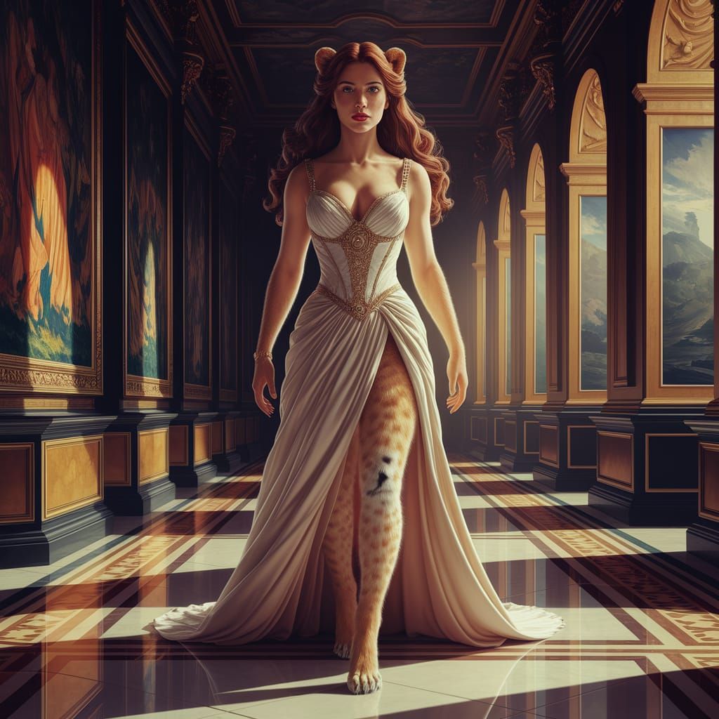 Majestic Lioness-Human Hybrid in Grand Hall