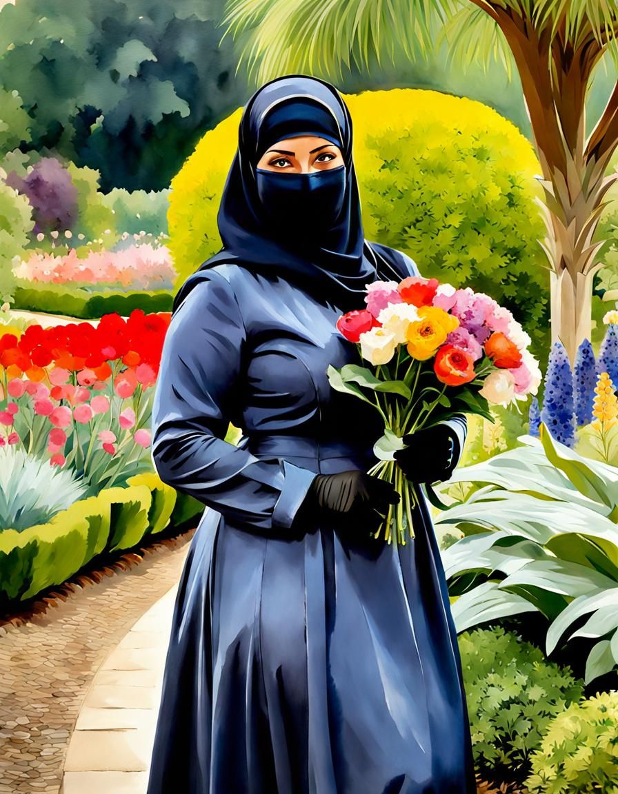 Watercolor Portrait of Teacher in Niqab in Botanic Garden