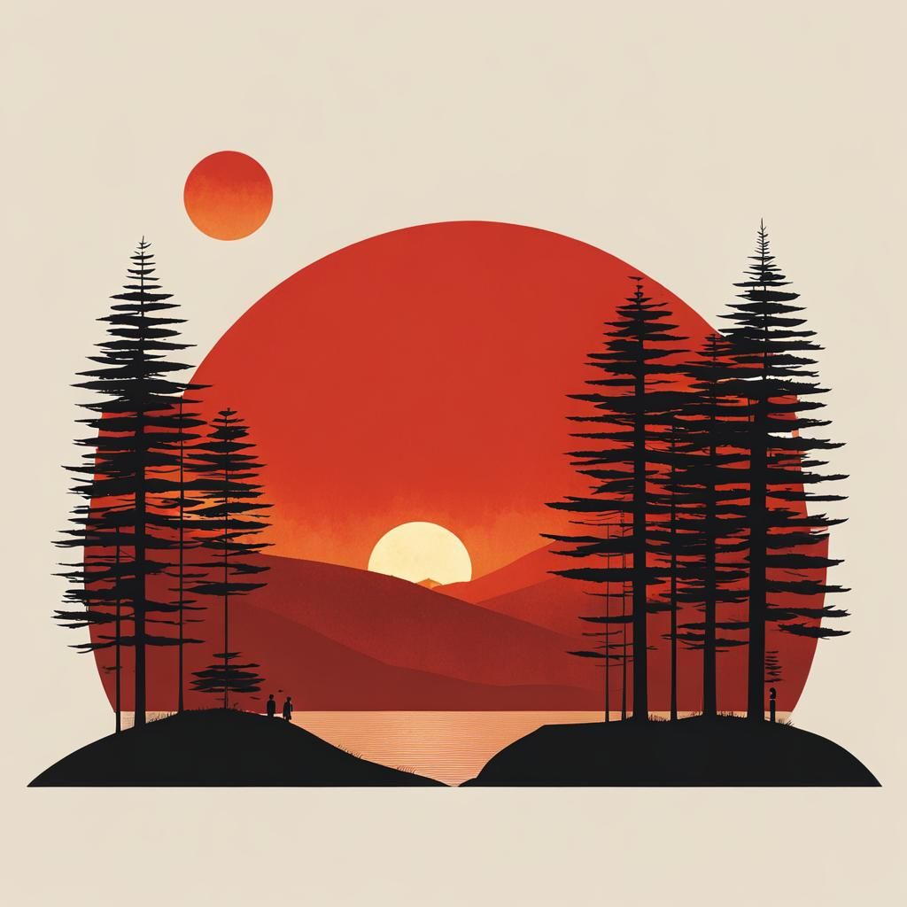 Striking Red Sunset Minimalist Illustration