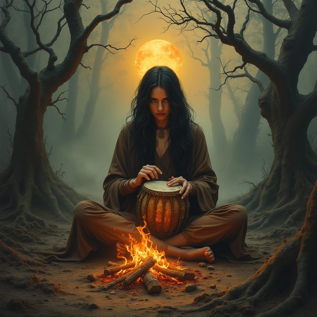 Shaman Woman in Mystic Forest, Inspired by Leo Zodiac Sign