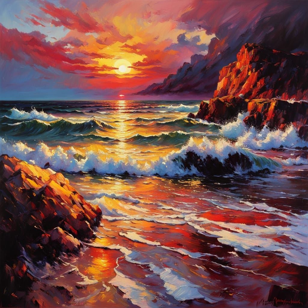 Surreal Sunset Waves Collide in a Vibrant Neon Landscape