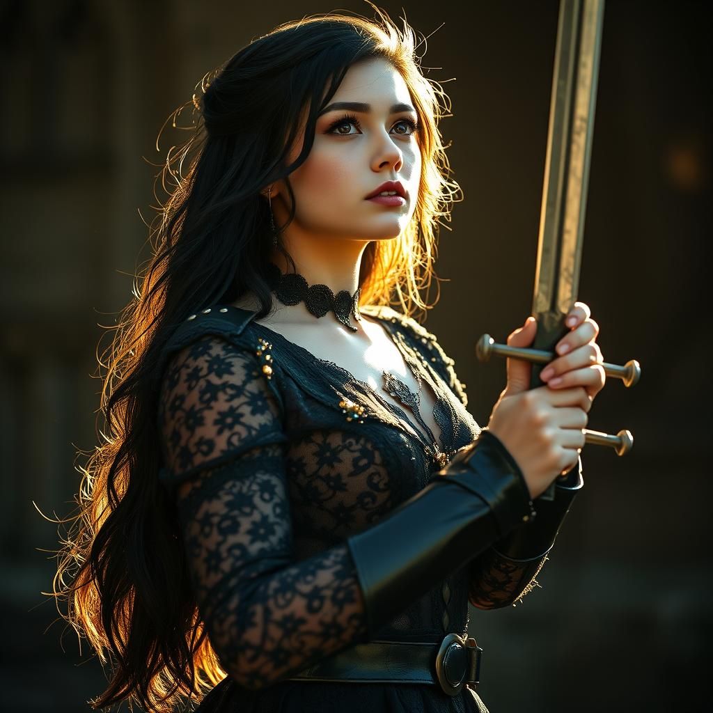 Victorian Woman Wields Sword in Cyberpunk Style