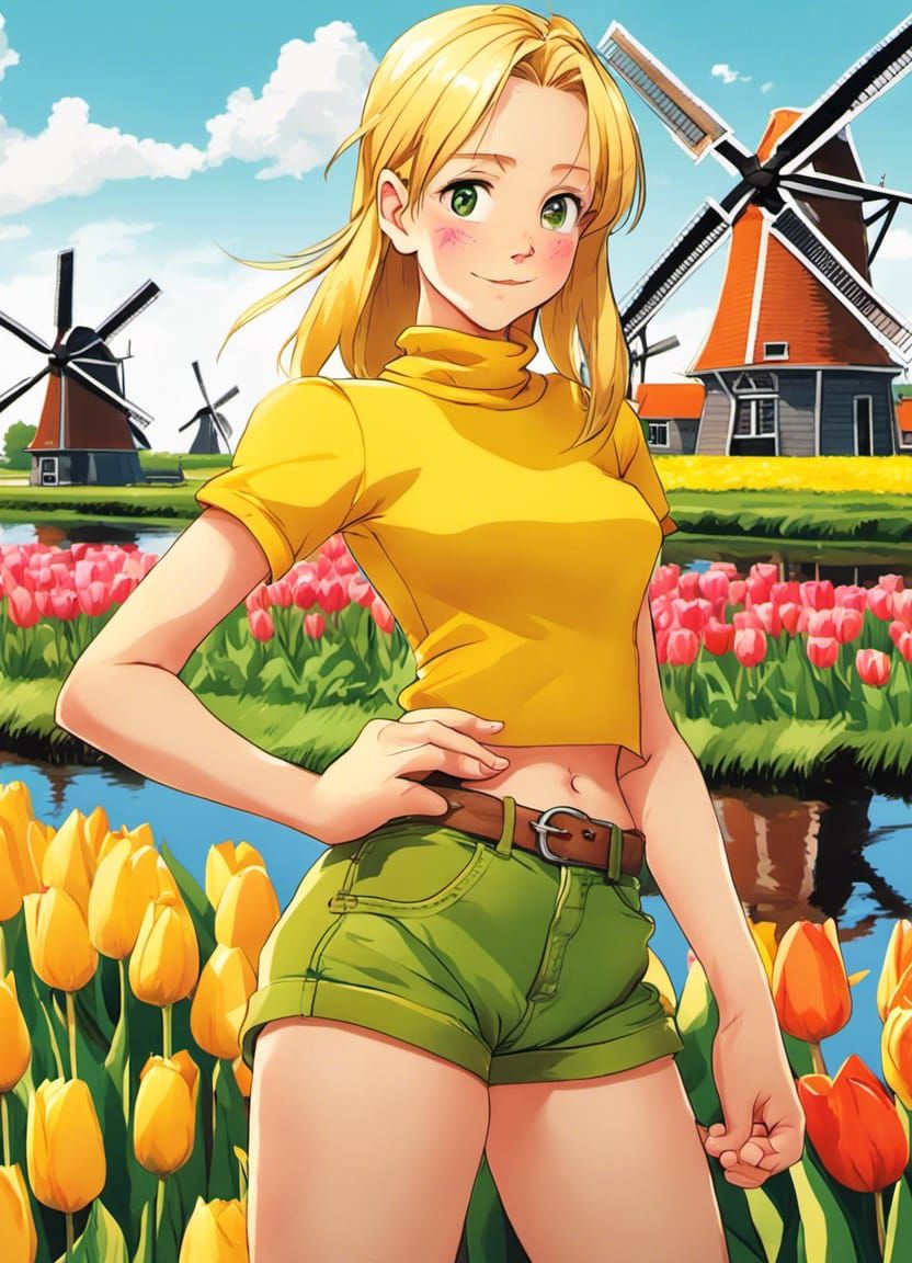 Dutch Girl with Tulips in Anime Style