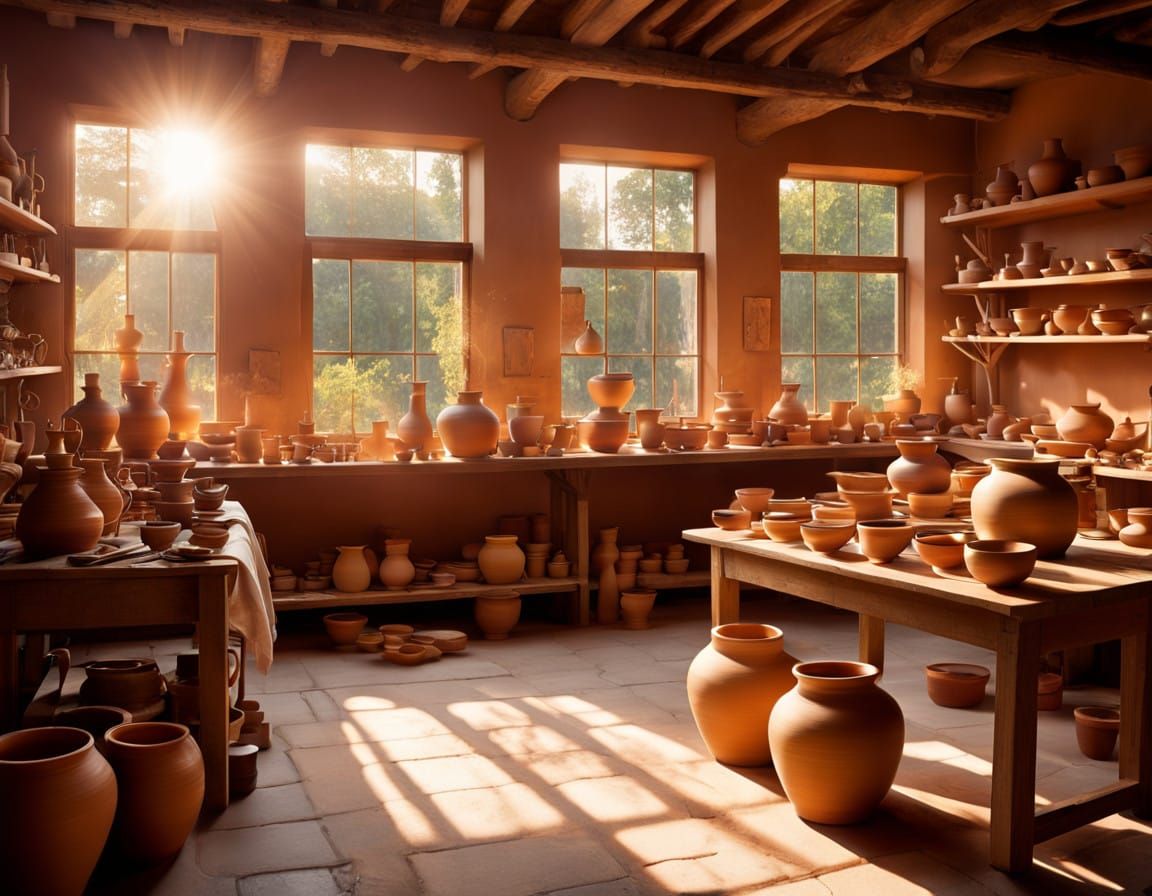 Vibrant Pottery Studio in Warm Light, Golden Hour Village Vi...