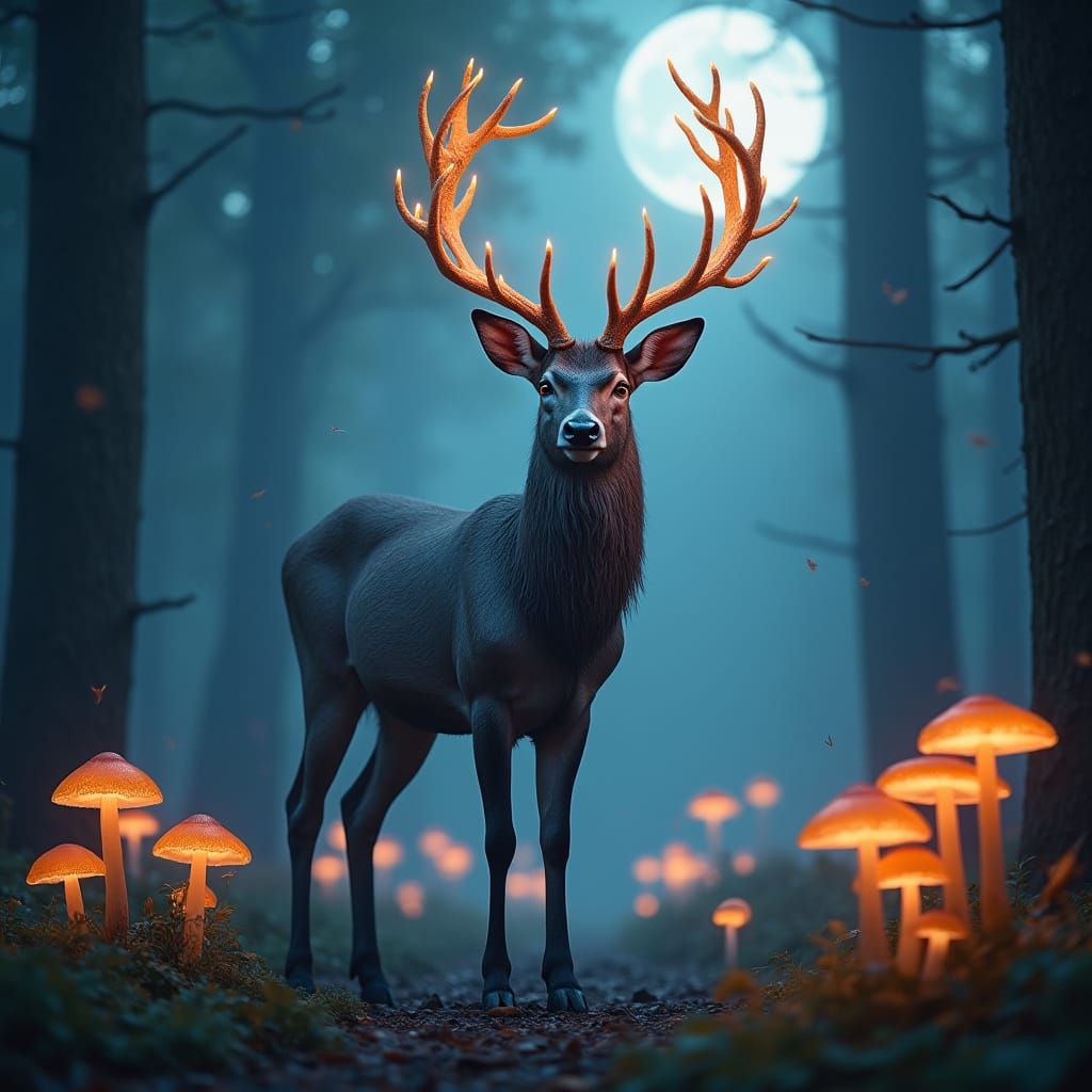 Mystical Deer in Moonlit Forest, Fantasy Photography