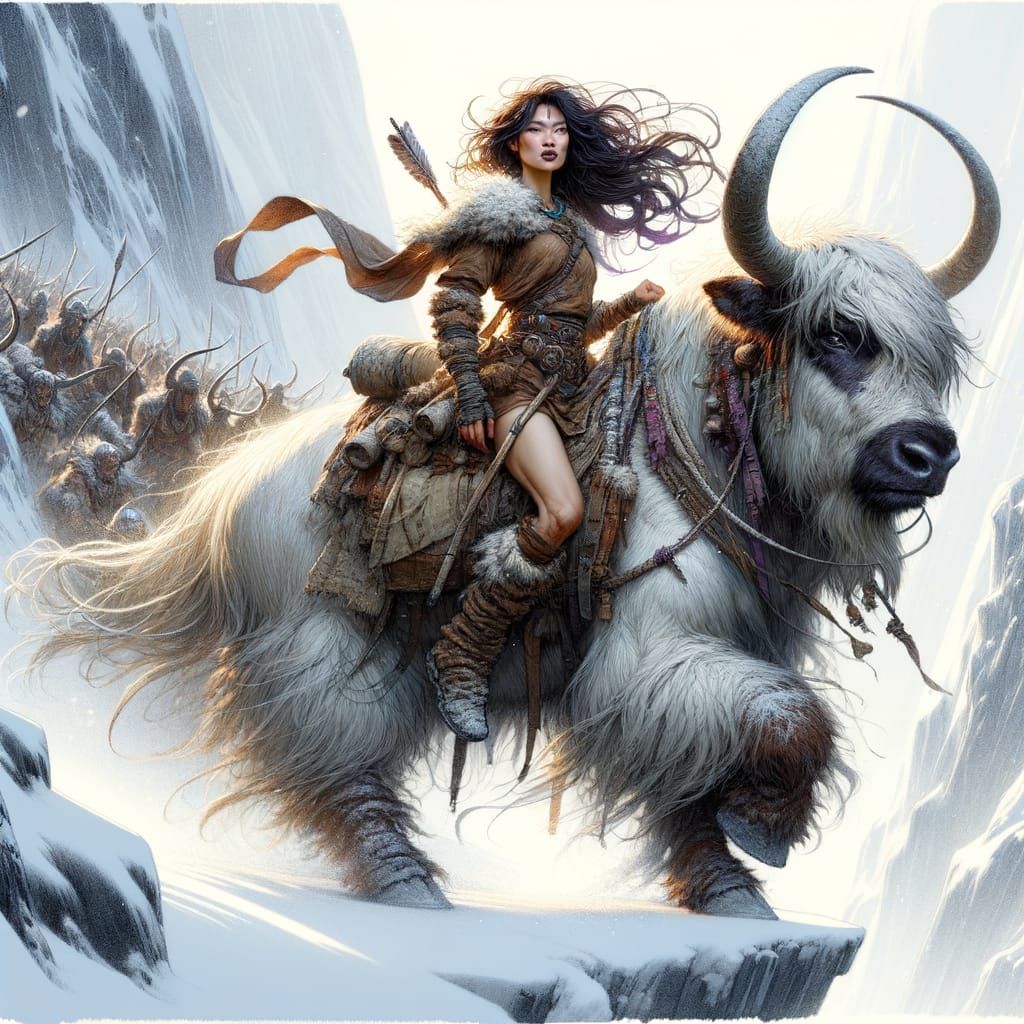 Barbarian Warrior Rides War Yak on Snowy Mountain