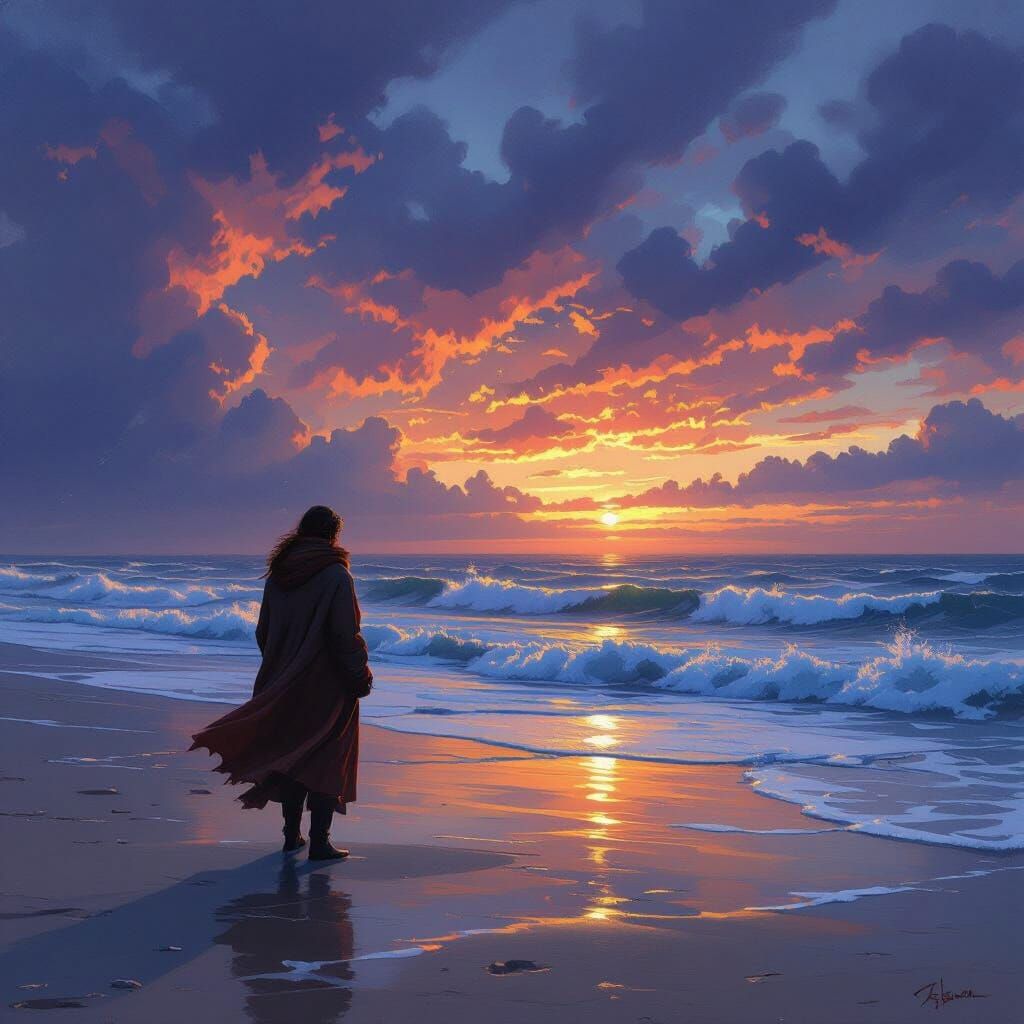 Twilight Beach Scene in Romantic Style