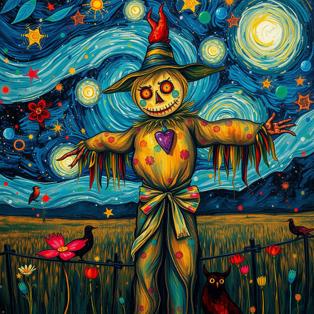 Magical Scarecrow in Starry Night: Abstract Expressionism