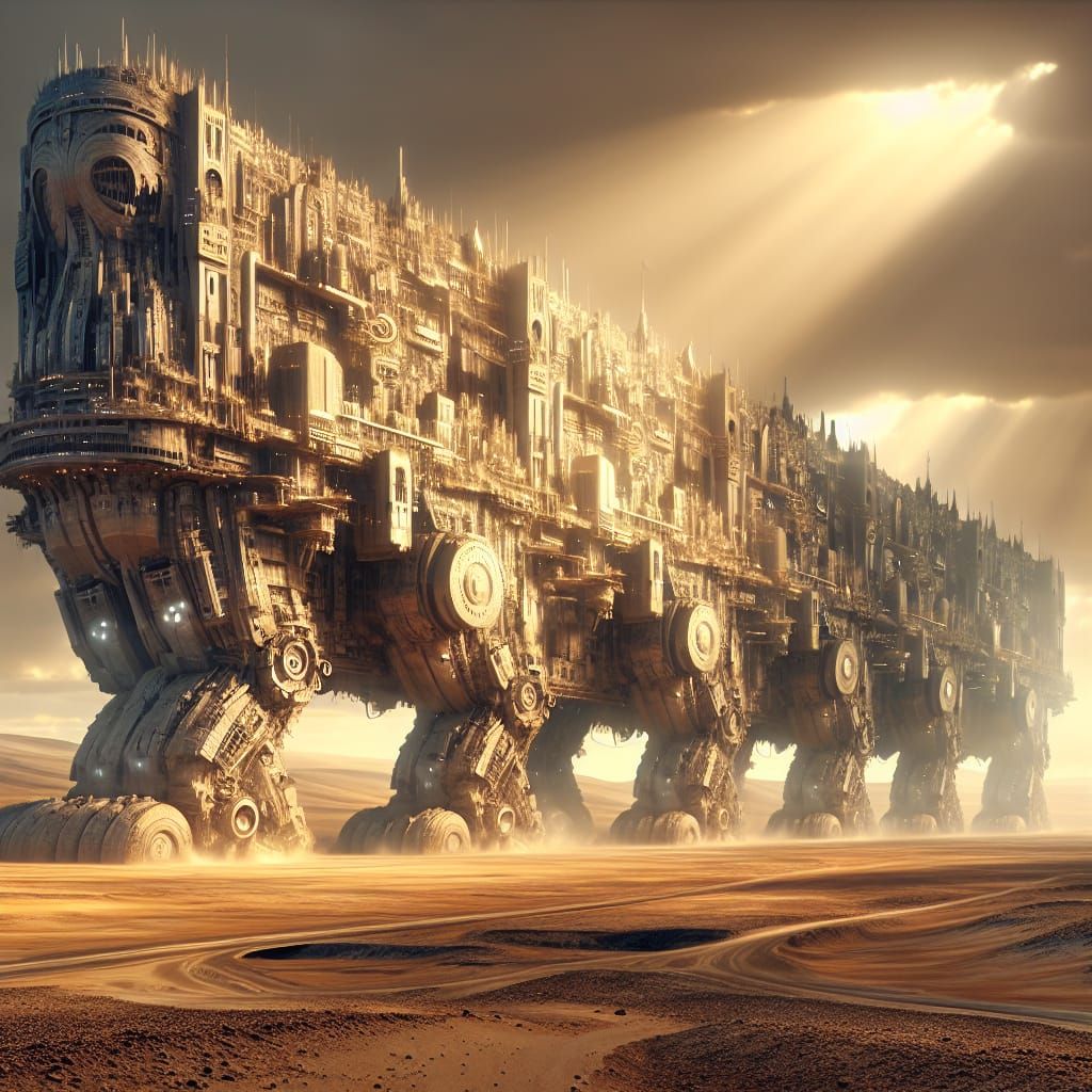 Colossal Mobile City Striding Across Barren Landscape
