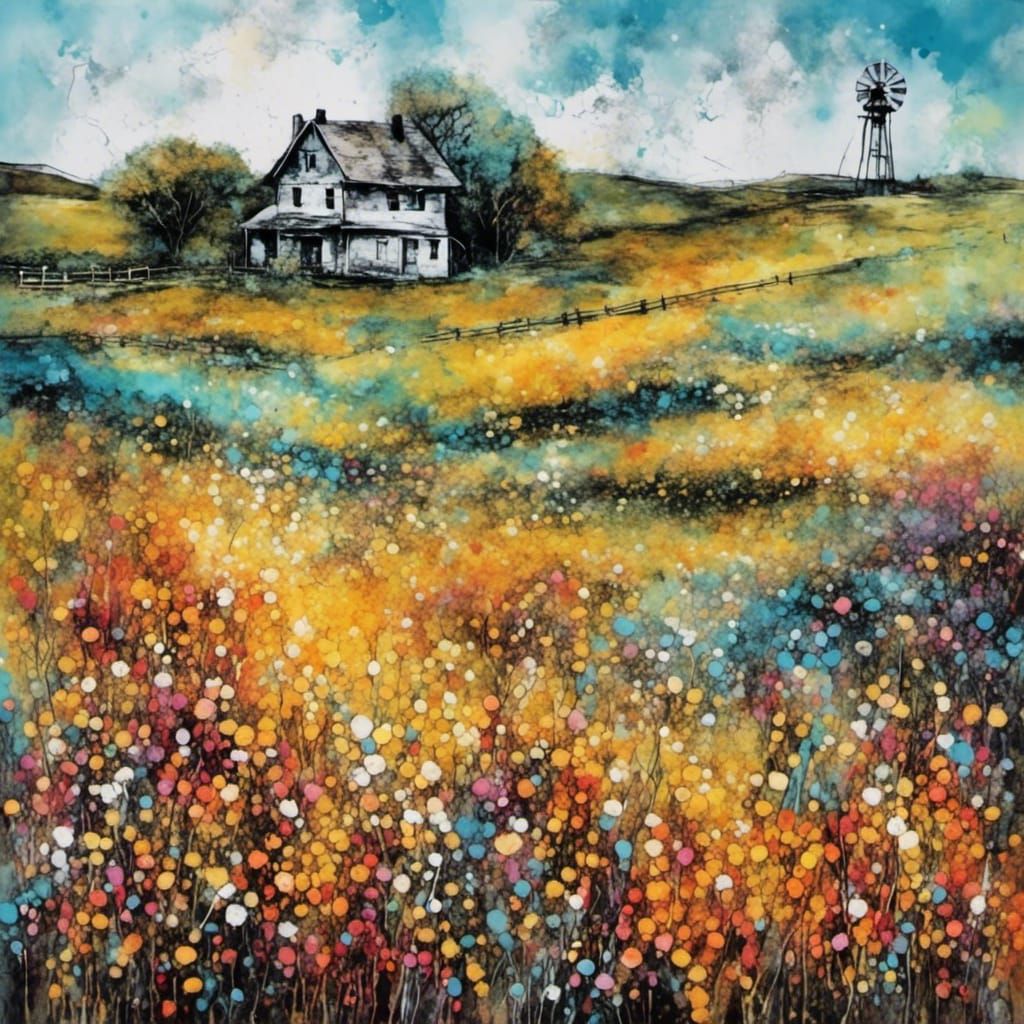 Farmhouse Scene in Alcohol Ink and Graffiti Style