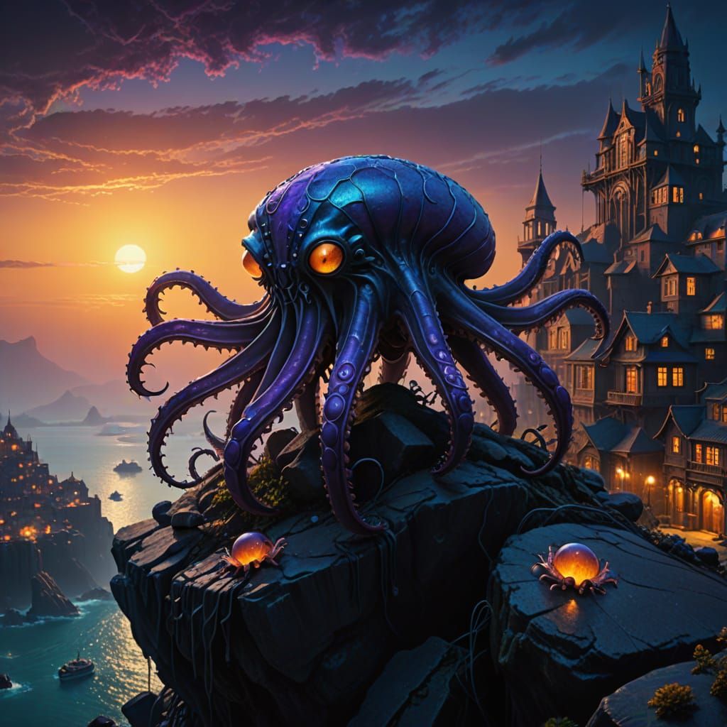 Surreal Hybrid Creature Reigns Over Mystical Underwater Metr...