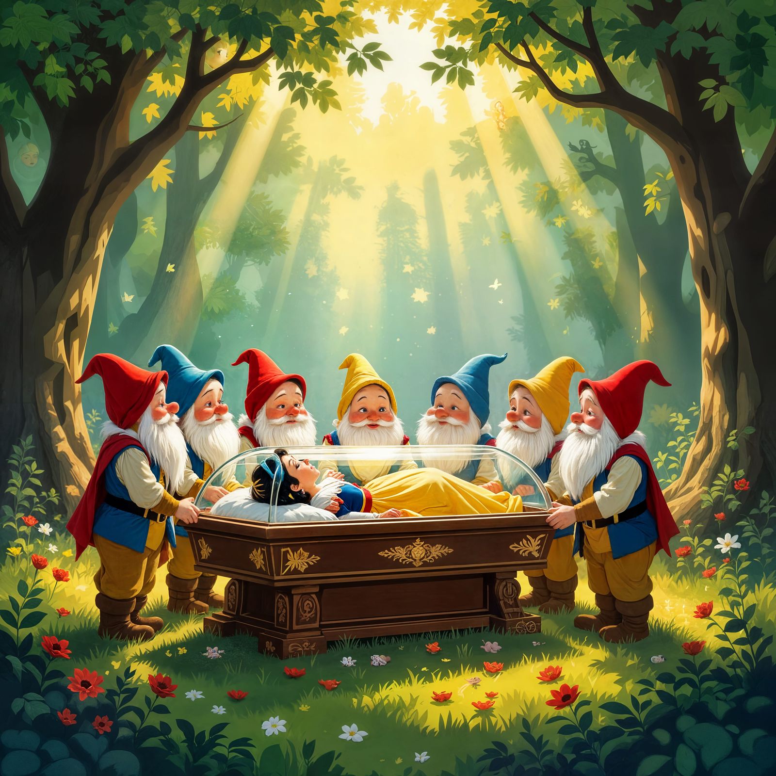 Seven Dwarfs Mourn Snow White in Glass Coffin