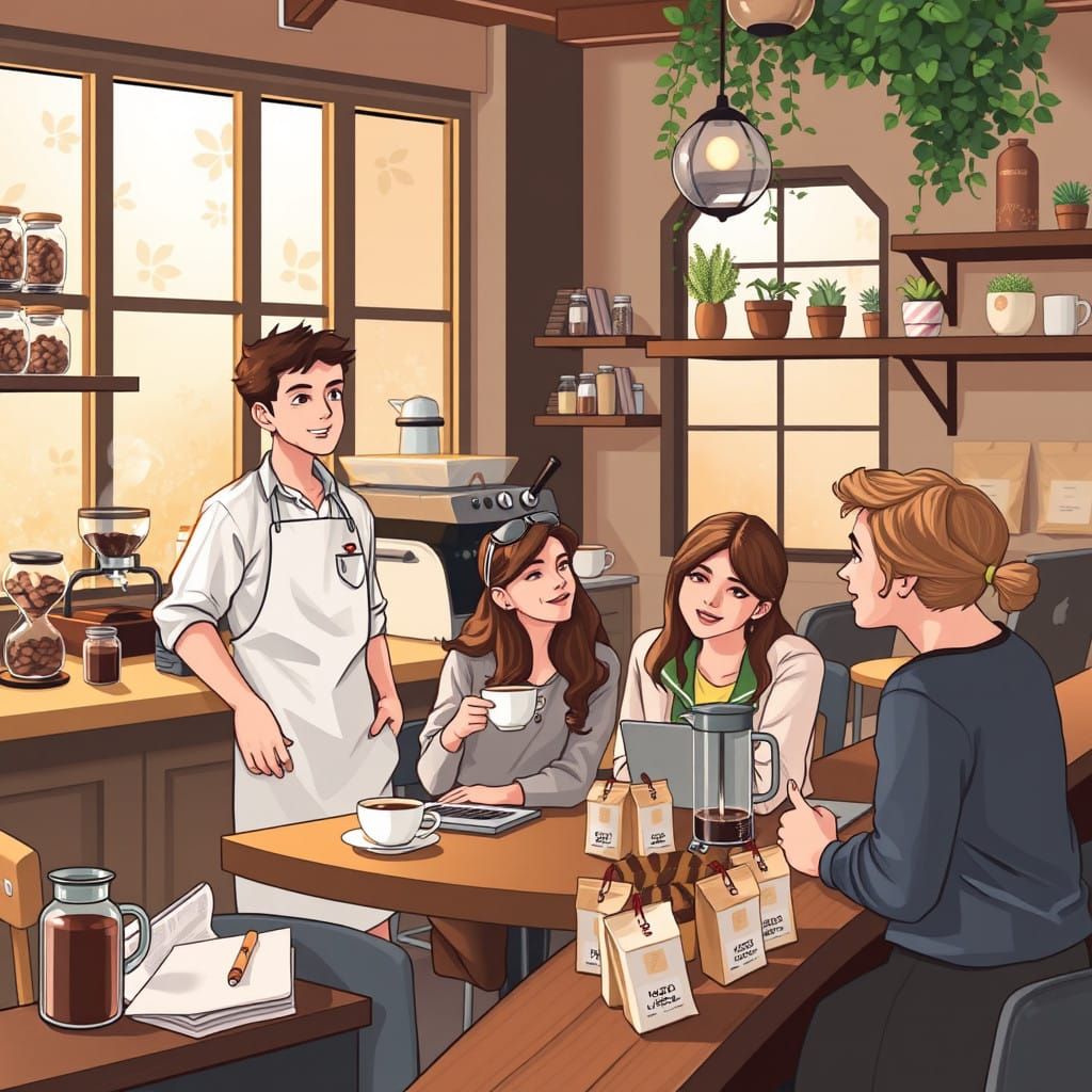 Cozy Coffee Shop Scene with Artisan Flair