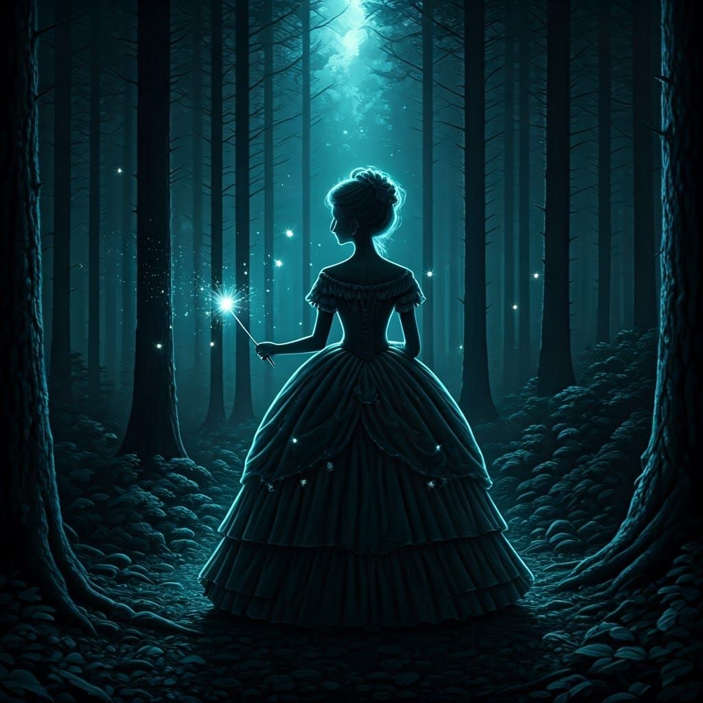 Bioluminescent Girl in Dark Fantasy Forest, Ink Drawing
