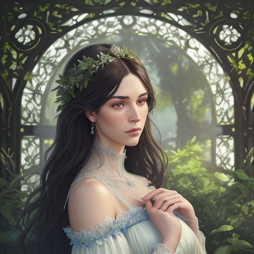 Elegant Woman in Lavish Ballgown Trims Hedges in Serene Para...