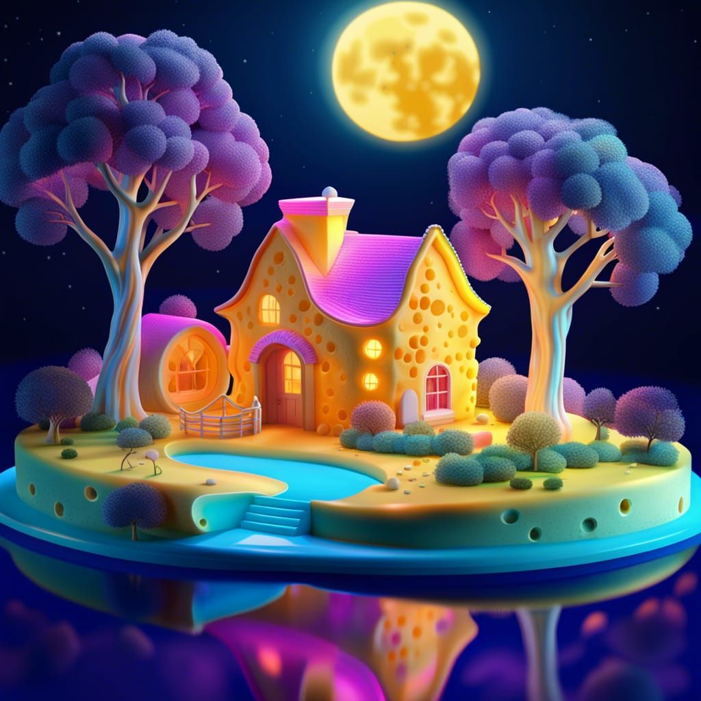 cheese landscape fantasy world, full moon made of cheese, house made of cheese