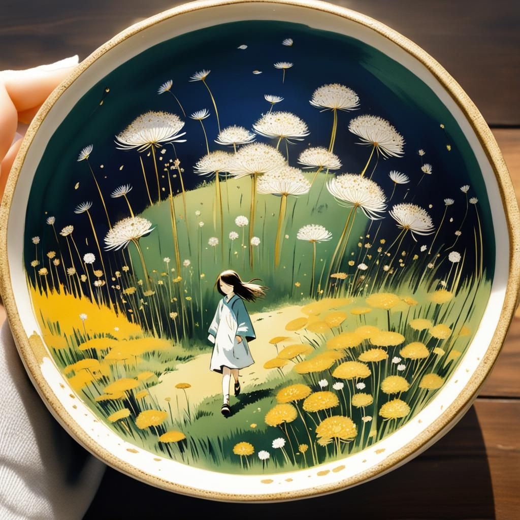 Girl in Dandelion Meadow with Ceramic Pot