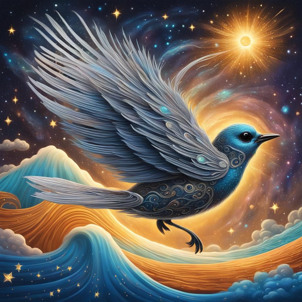 Cosmic Kawaii Bird Surfer in Hyper-Realistic Cosmic Scene