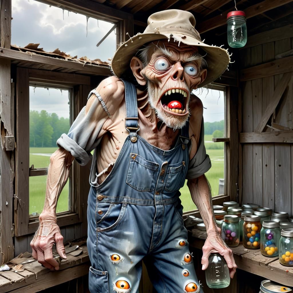 Grizzled Man with Eyeballs in Mason Jar